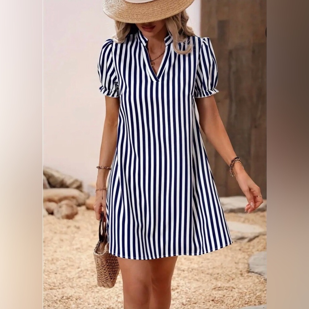 Chic Striped V-neck Dress with Puffed Sleeves and Faux Button Detail